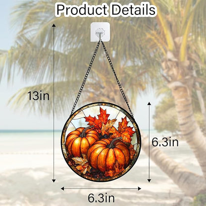 Stained Glass Window Hanging, Pumpkin Maple Leaf Suncatcher for Doors Home Sun Catchers Decoration and Christmas, Mother's Day Birthday Gifts for Women, Men, and Mom 6.3 in