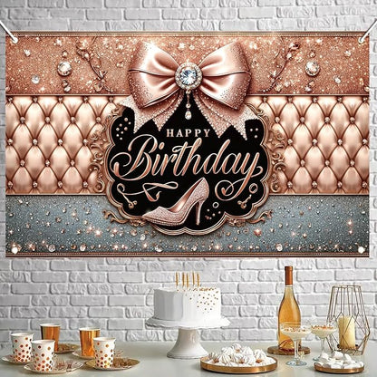 Happy Birthday Backdrop Banner Pink High Heels Birthday Photo Backdrop Photography Background Glitter Diamond Decorations Girl Sweet Party Banner Photo Booth 71 x 43 Inch
