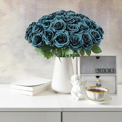 30pcs Artificial Rose Flower Dark Green Rose Emerald Green Flower with Long Stem Silk Roses Bouquet for Wedding Bridal Shower Party Home Decoration