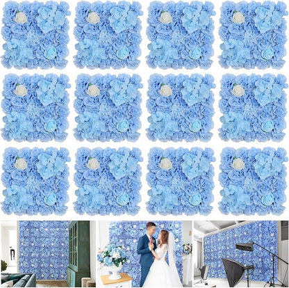 Artificial Flower Wall Panel 15*15inches -12 Pack Silk Rose Hydrangea 3D Flower Wall Décor Backdrop for Wedding Arrangement Wall Background Party Panel Decorations UV Protected Handmade -Light Blue