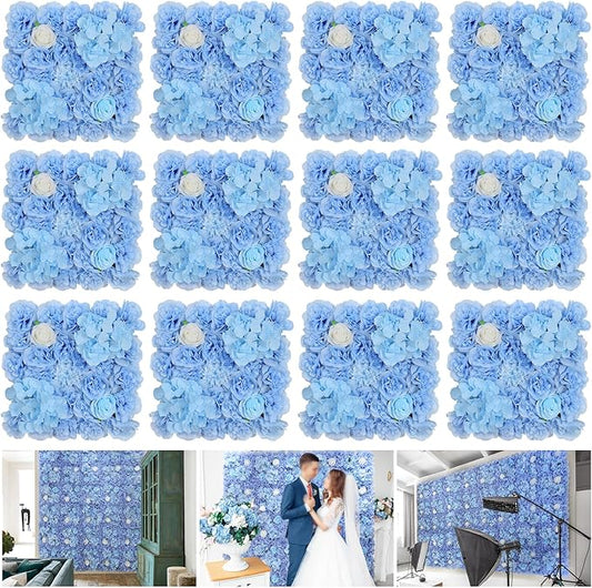 Artificial Flower Wall Panel 15*15inches -12 Pack Silk Rose Hydrangea 3D Flower Wall Décor Backdrop for Wedding Arrangement Wall Background Party Panel Decorations UV Protected Handmade -Light Blue