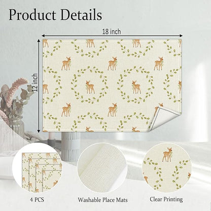 Fawn Themed Placemats Set of 4, Green Leaf Table Mat for Home Kitchen, Restaurants, Outdoor Linen Washable Place Mats 12x18 inch Party Event Dining Decoration-10