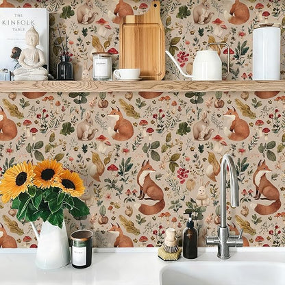 Animal Peel and Stick Contact Paper Moody Fox Rabbit Mushroom Botanical Leaf Removable Wallpaper 17.7" x 118.11" Wall Paper Watercolor Self Adhesive for classroom Bedroom laundry room bathroom