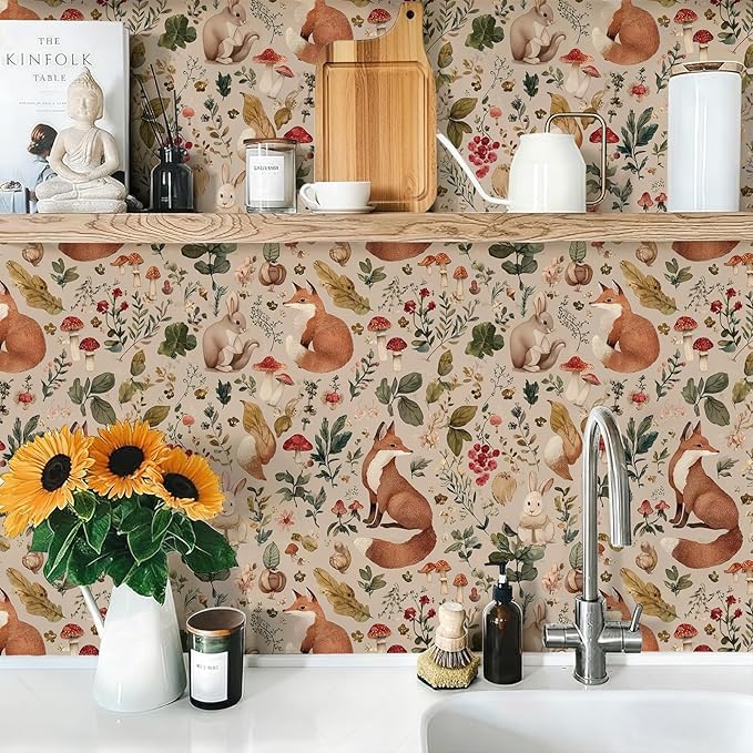 Animal Peel and Stick Contact Paper Moody Fox Rabbit Mushroom Botanical Leaf Removable Wallpaper 17.7" x 236.22" Wall Paper Watercolor Self Adhesive for classroom Bedroom laundry room bathroom