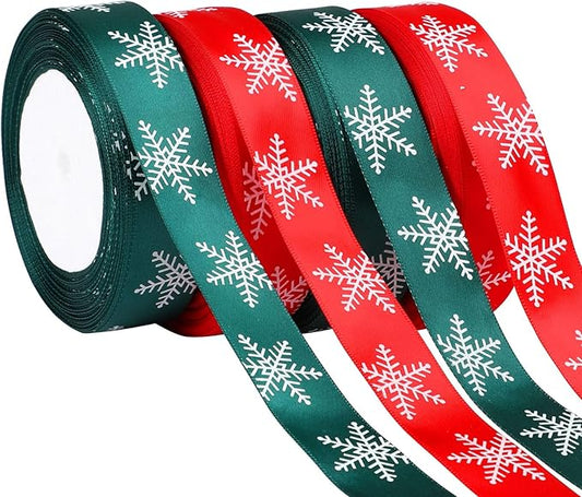 DECYOOL 4 Rolls 100 Yards Christmas Snowflake Ribbons for Gift Wrapping, 25mm Wide Red and Green Satin Ribbon for Festival Holiday Party Decorations DIY Crafts