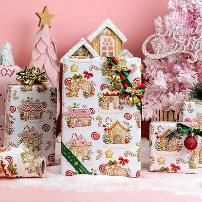 MAYPLUSS Christmas Wrapping Paper Roll - 17 Inch X 33 Feet - Cute Pink Gingerbread House Reversible Candy Cane Gift Wrapping Paper, Thick Gift Wrap Paper for Holiday Party New Year Kids