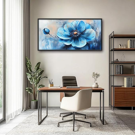 Extra Large Abstract Blue Flower Framed Wall Art for Living Room,Oversized Elegant Floral Pictures Wall Decor,Canvas Print Painting Modern Artwork Bedroom Office Bathroom 60L x 30W
