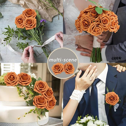 50Pcs Artificial Flowers Gold Sparrow Roses Real Looking Foam Fake Roses with Leaves for DIY Wedding Bouquets Bridal Shower Party Decorations (Gold Sparrow, 50)
