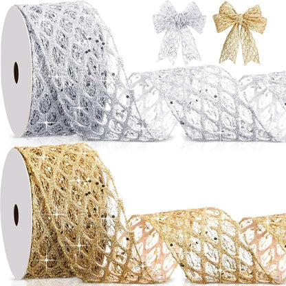 Geosar 20 Yards Gold Silver Glitter Mesh Wired Ribbon for Christmas Tree Decorations, Gift Wrapping, DIY Craft, Xmas Wreaths, Cabinet Decor (2.5 Inch)
