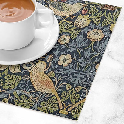 William Morris Floral Placemats Set of 6, Vintage Flower Strawberry Birds Place Mats, Heat Resistant Non Slip Cotton Linen Dining Table Mats for Home Kitchen Party 18x12 Inch