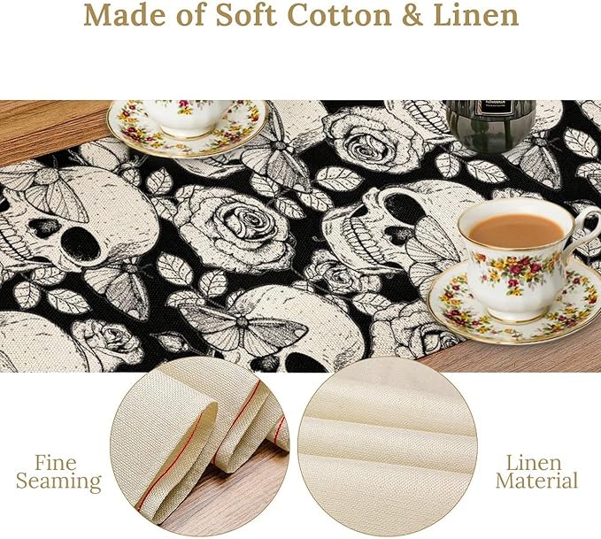 Gothic Table Runner,Black White Skeleton Flower Moth Print Table Runner for Home Kitchen Table Dining Garden Farmhouse Wedding Party Decor 13x108 Inch