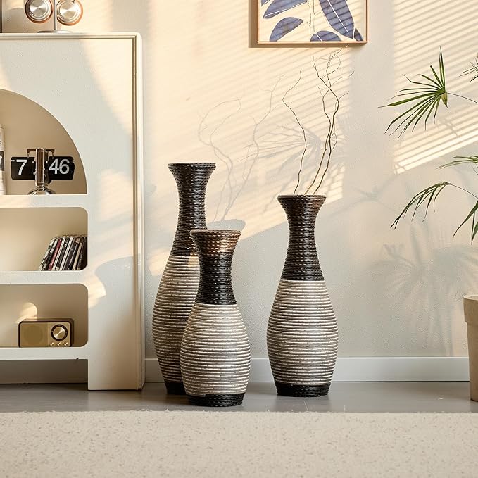Floor PVC Decorated Vases Set of 3 for Gorgeous Home Decoration Large Classic Neat PVC Vase 19.6in/23.6in/27.5in Height(Black+White)