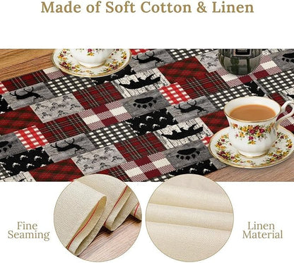 Rustic Farm Table Runner,Vintage Woodland Deer Bear Animal Buffalo Plaid Print Tablecloth Burlap for Hotel Indoors Outdoor Dining Room Kitchen Home Decor,W13X L108 in
