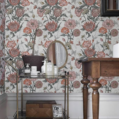 Floral Wallpaper Peel and Stick Floral Contact Paper White and Pink Vintage Wall Paper Removable Self Adhesive Vinyl Stick on Wallpaper for Bathroom Bedroom Decor 17.3in x 118in