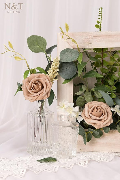 N&T NIETING Artificial Flowers, 25pcs Foam Roses Fake Flowers for DIY Wedding Bouquet Party Baby Shower Decoration, Home Display, Dusty Brown