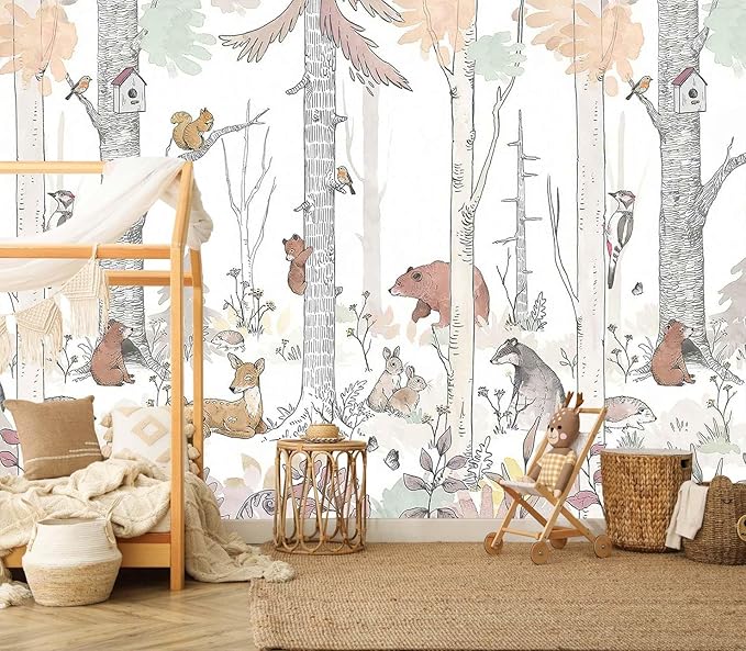 Kids Tree Wallpaper Mural Cute Animals Plants Birds Wallpaper for Nursery Boys Girls Bedroom Living Room (Not Self-Adhesive)