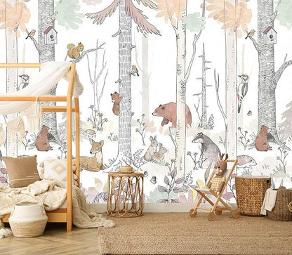 Kids Tree Wallpaper Mural Cute Animals Plants Birds Wallpaper for Nursery Boys Girls Bedroom Living Room (Not Self-Adhesive)