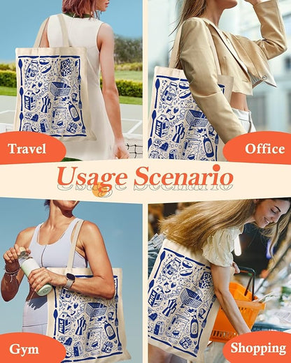 Aesthetic Canvas Tote Bag with Pattern for Women, Funny Groovy Blue Doodle Western Food Art Style Design, Casual Cloth Cotton Totes Bag for Vacation, Shopping, Grocery, Gym