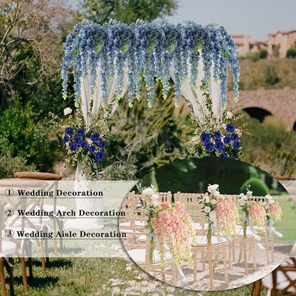 Dailisen 3 Strands 40'' Silk Blue Wisteria Artificial Flowers, Fake Wisteria Floral Hanging Plant Garland, for Home Decor, Party, Floor Vase, Balcony, Wedding Arrangement Decoration (Blue)