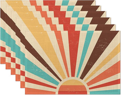 Vintage Sun Placemats Set of 6,Sunrise Sunset Table Mats Non-Slip Heat Resistant Washable Placemat for Party Kitchen Dining Table Decoration Indoor Outdoor
