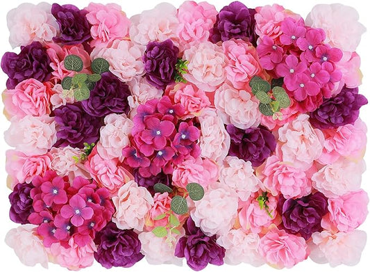 Flower Wall Panel Set,Artificial Wall Flower Backdrop,6Pcs 23.62 * 15.74 3D Silk Hydrangea Rose Floral Panel,Faux Roses Artificial Flower Backdrop for Wall Decor (6PCS Pink, Purple)