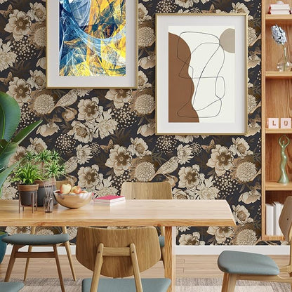 Floral & Birds Peel and Stick Wallpaper Antique Gold Dark Self Adhesive Removable Floral Wallpaper for Bedroom Renter Friendly Floral Contact Paper for Bedroom Bathroom Walls Shelf Liner 17.7"x118.1"
