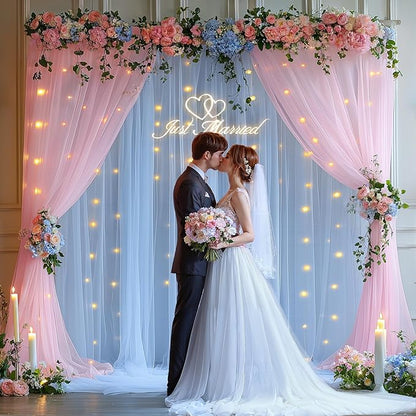 10x10ft Pink Blue Tulle Backdrop Curtain with Lights String for Parites, Sheer Backdrop Curtains for Wedding Baby Shower Birthday Party Photo Shoot Decorations