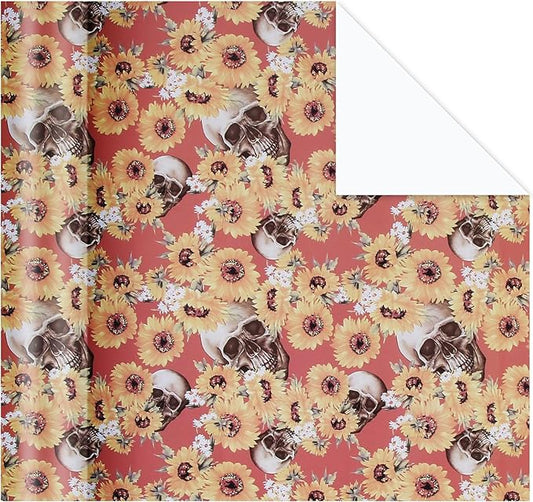 Aimyoo Orange Skull Floral Wrapping Paper Roll 17 in x10ft, Horror Gothic Halloween Wrap Paper