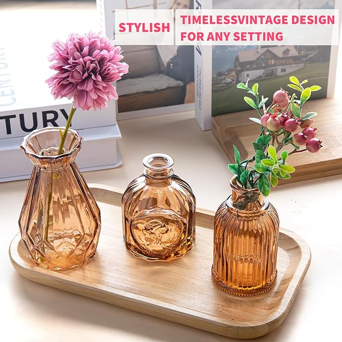 Gold Amber Glass Bud Vase Set of 12, Small Vintage Flower Bottle Petite Glass Flower Vase for Floral Arrangements, Decorative Centerpiece,Table Decor,Home Wedding Party