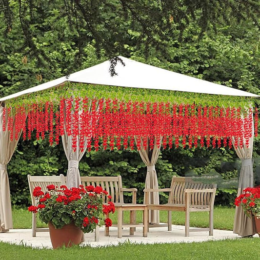 Artificial Wisteria Hanging Flowers Fake Wisteria Flower Garland Silk Vines Rattan Decor for Home Wedding Arch Wall Garden Greenery Bedroom Outdoor Office Party Decoration (12, Red)