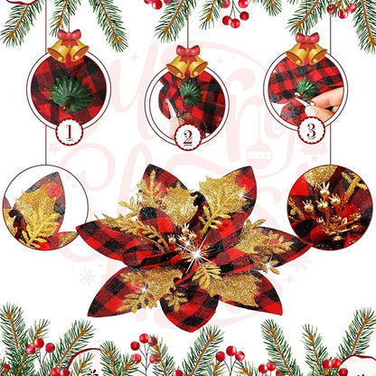 36 Pcs Christmas Glitter Artificial Poinsettia Flowers Xmas Poinsettia Artificial Wedding Flowers Decorations Xmas Tree Ornaments with Clips for Party, 6 Inch, 4 Inch, 3 Inch(Red, Black, Gold)
