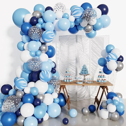 Amandir 134Pcs Blue Balloons Arch Garland Kit, Different Sizes 12 10 5 inch Navy Royal Light Blue Latex Confetti Balloons for Boys Birthday Baby Shower Winter Wonderland Graduation Party Decorations