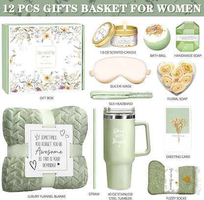 Birthday Gifts for Women Self Care Get Well Soon Gifts, Vanilla Relaxing Spa Gift Basket - Happy Birthday Set w/ Luxury Flannel Blanket & 40 oz Tumbler, Unique Christmas Gift for Mom Her Wife Sister