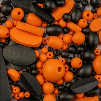 John Bead 90g Craft Beads Black and Orange Wood Beads with Elastic Nylon Cord