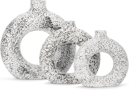Ajuny Donut Vase Set of 3 – White & Grey Ceramic Hollow Vases for Pampas Grass, Modern Boho Home Decor, Table Centerpiece, Wedding, Living Room, Office, Bedroom (8", 6", 4")