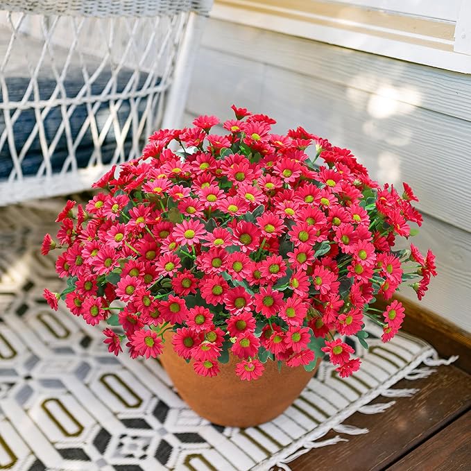 Daisy Artificial Flowers for Outdoors Summer Fall Decor, 6 Bundles Fake Mums Silk Flowers for Outside Look Real UV Resistant Fake Plants Faux Flowers for Planter Front Door Home Indoor Porch, Hot Pink
