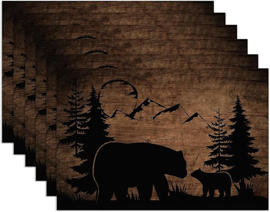 Christmas Bear Lodge Placemats Set of 6,Washable Heat Resistant 12×18 Inch Table Mats Farmhouse Place Mats for Outdoor & Camping Lodge Cabin Decor