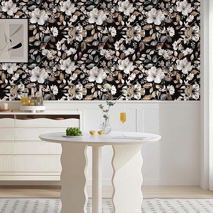 Vintage Dark Black Floral Peel and Stick Wallpaper Modern Botanical Flower Waterproof Removable Self Adhesive Vinyl Contact Wall Paper for Farmhouse Bathroom 17.7" X 354" Roll