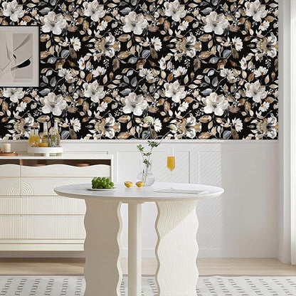 Vintage Dark Black Floral Peel and Stick Wallpaper Modern Botanical Flower Waterproof Removable Self Adhesive Vinyl Contact Wall Paper for Farmhouse Bathroom 17.7" X 354" Roll