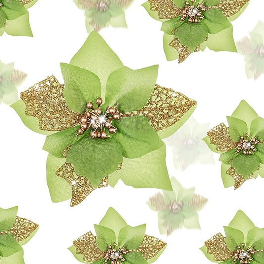 Boao 24 Pieces Christmas Artificial Glitter Poinsettia Flowers Xmas Flowers Wedding Christmas Tree New Year Ornaments(Green)
