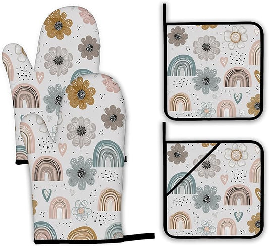 Cute Rainbows Oven Mitts and Pot Holders,Boho Floral Flowers Heat Resistant Oven Mitts Gloves and Pot Holder for Home Kitchen Decorations Cooking Baking BBQ Gifts,Set of 4