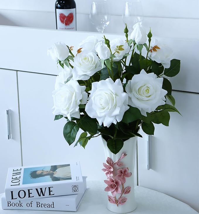 White Fake Flowers for Wedding Decor,Realistic Artificial Flowers Indoor 5 Bouquets（15 Heads） for Room Decor,Real Touch Fake Roses for Bathroom Garden Kitchen Cake Bride Centerpieces Backdrop Decor