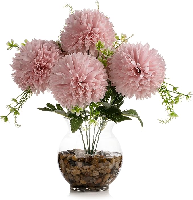 ENOVA FLORAL 7 Heads Silk Marigold Artificial Flowers in Vase,Faux Marigold Flowers Arrangement in Round Bowl Vase with Faux Water and River Rock for Table Decor Centerpieces (Marigold-Pink)