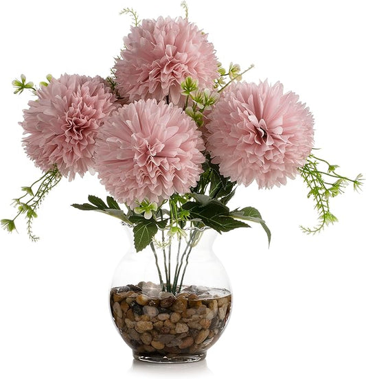 ENOVA FLORAL 7 Heads Silk Marigold Artificial Flowers in Vase,Faux Marigold Flowers Arrangement in Round Bowl Vase with Faux Water and River Rock for Table Decor Centerpieces (Marigold-Pink)
