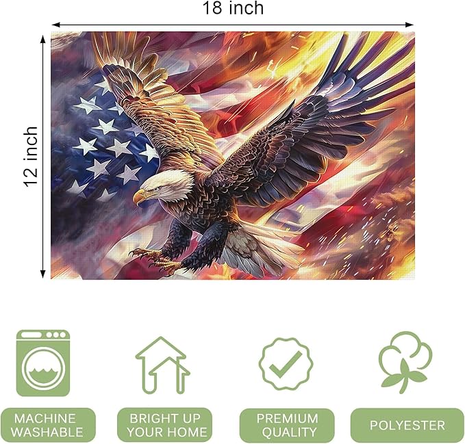 American Flag Placemats Set of 4 Washable Table Bald Eagle Heat-Resistant Cotton Linen Place Mats for Dining Table Kitchen Indoor Outdoor Party Holiday Decor