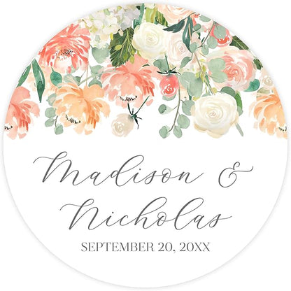 Personalized Floral Wedding Stickers with Your Choice of 30 Flower Styles - Choose Font and One of Five Pre-made Phrases or Add Custom Text (026 - Peach Flowers)