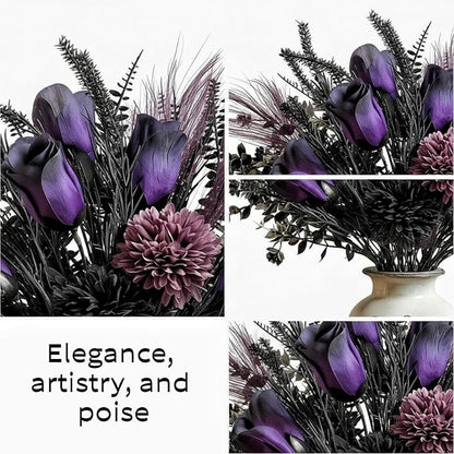 Vintage Purple Artificial Bouquet Roses, Dahlias, Ferns Arrangement Elegant Home Decor Floral Arrangement Artificial Flowers, Decorative Blooms Photography Props