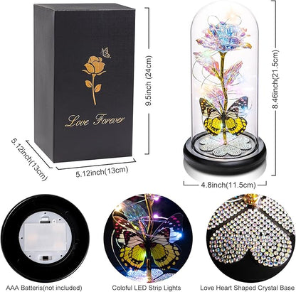 Christmas Rose Gifts for Women, Womens Gift for Christmas Birthday Gift Galaxy Glass Rose Forever Eternal Crystal Flower Light Up Roses in Glass Dome Butterfly Xmas Gifts for Mom Grandma Wife Colorful
