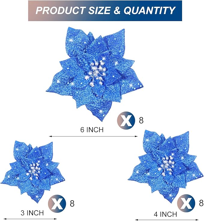 Boao 24 Pieces Glitter Poinsettia Artificial Christmas Flowers Poinsettia Decorations Wedding Christmas Tree Ornaments, 3/4/6 Inches (Blue)