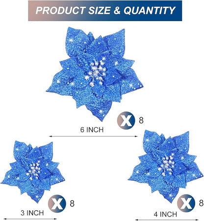 Boao 24 Pieces Glitter Poinsettia Artificial Christmas Flowers Poinsettia Decorations Wedding Christmas Tree Ornaments, 3/4/6 Inches (Blue)